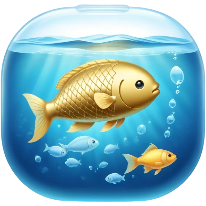 Golden capsule floating in gentle blue water currents, with a translucent fish swimming around a glowing brain. Soft light waves emanating from the brain creating a calming effect. The scene has an ethereal, dreamlike quality. emoji