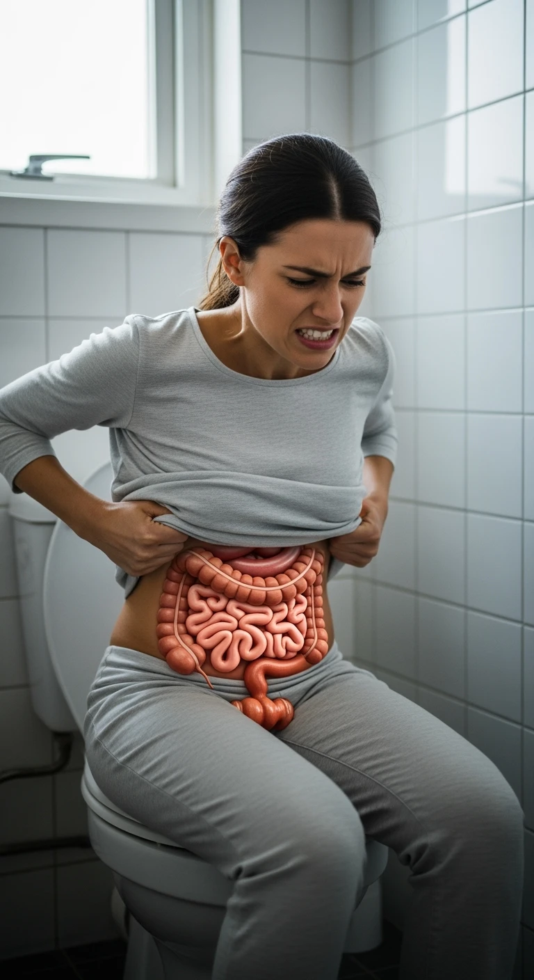 DONNA CON INTESTINO ANATOMICO REALISTICO seduta sul wc che si sforza, IPERREALISTICO 4K emoji