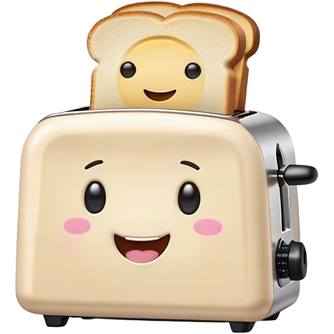 Cute Kawaii Toaster, tiny and square, soft pastel cream with a happy smile, chubby cheeks, two little toast slices popping out, giggling in excitement! emoji