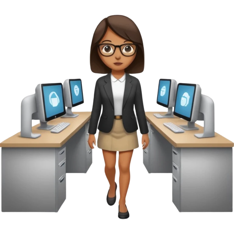 a girl walking into a computer room in an organized manner emoji