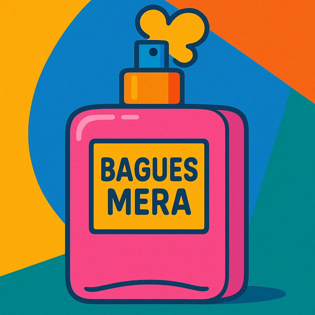pink perfume bottle with the brand 'bagues mera', vibrant and youthful illustration style emoji