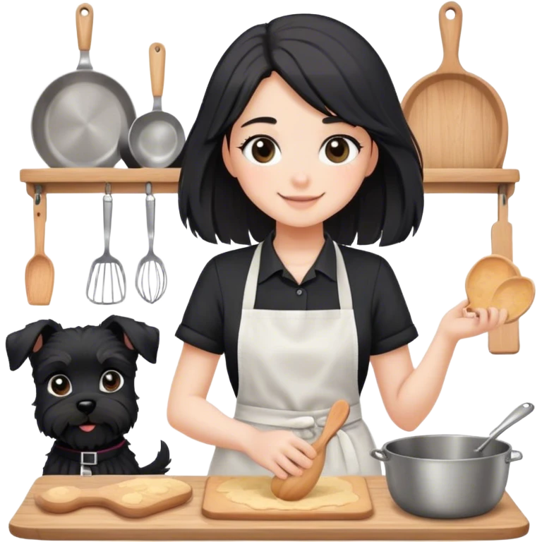 pale smiling girl baking with long back hair wearing black long shirt wearing apron holding black  schnauzer emoji