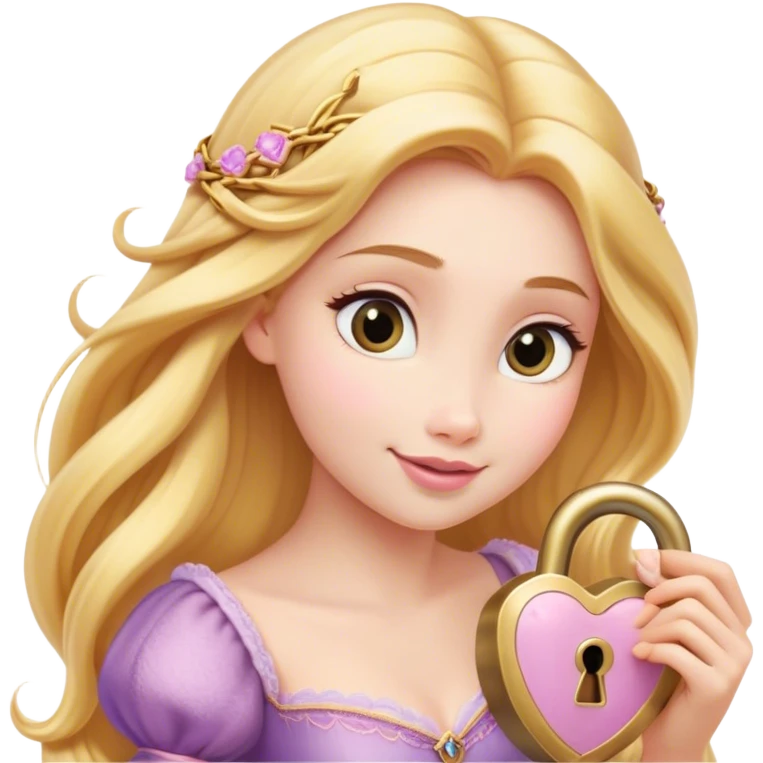 Cinematic Elegant Rapunzel Portrait Emoji, Twirling a lock of her golden hair, dreamy expression, soft pink lips curving into a gentle smile, delicate yet mesmerizing, a princess with a heart full of adventure and beauty! emoji