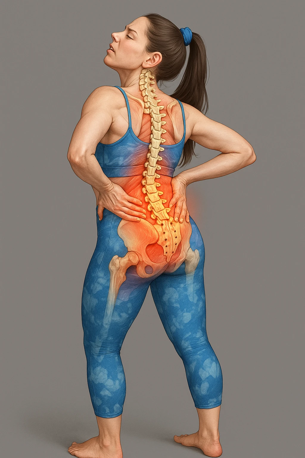 Realistic anatomical illustration of a woman in sportswear inspired by the reference photo, slightly bending backward holding the back due to pain, with highlighted muscles and vertebrae involved, neutral background. emoji