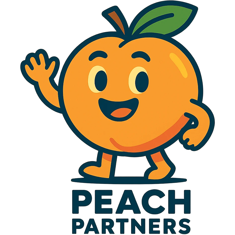 friendly peach mascot for 'Peach Partners' logo, vibrant toon style, vibrant colors, cheerful expression emoji