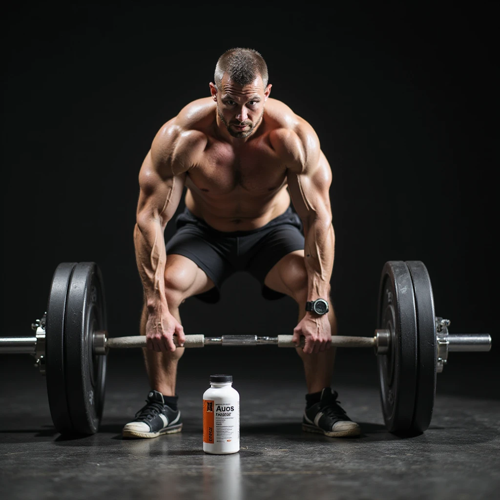 realistic powerlifter in deadlift phase, one hand on barbell and other touching bottle of AAS on ground, tense muscles, atmosphere of doubt, isolated on white background emoji