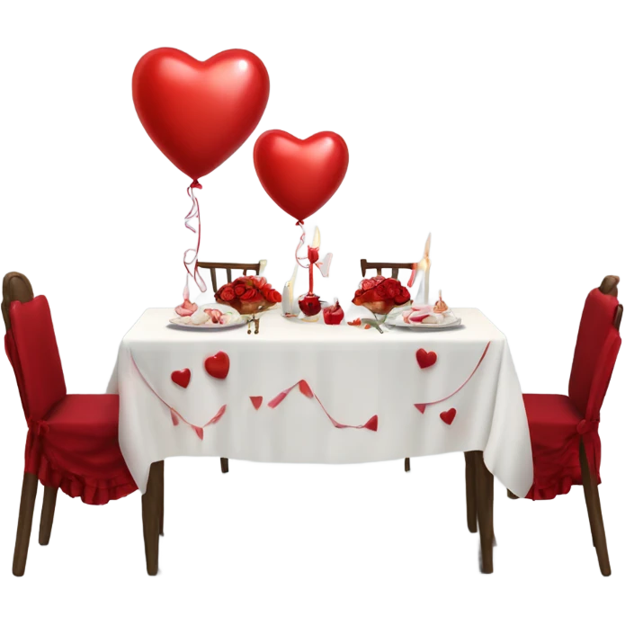 Red romantic party setting for two people and heart balloon  table with white cloth and candle with bows on the table photo Realistic  emoji