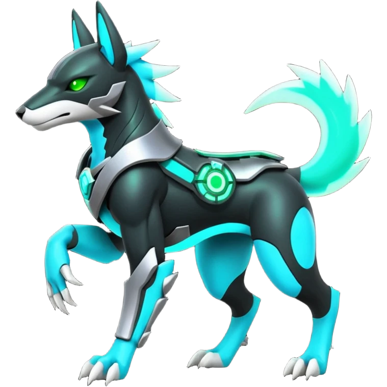 Black and green cyberpunk intricate neon glowing grey white futuristic cyborg-Houndoom-Lucario-Zeraora-Zoroark-Luxray-fusion (full body) emoji