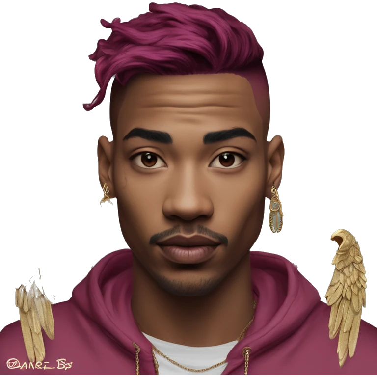 Vintage patina intricate swirls gold jewellery baroque raven wings angel tropical Deep pink maroon burgundy cyan dark hoodie man vitiligo dyed hair gold piercings nose piercing ear piercings emoji