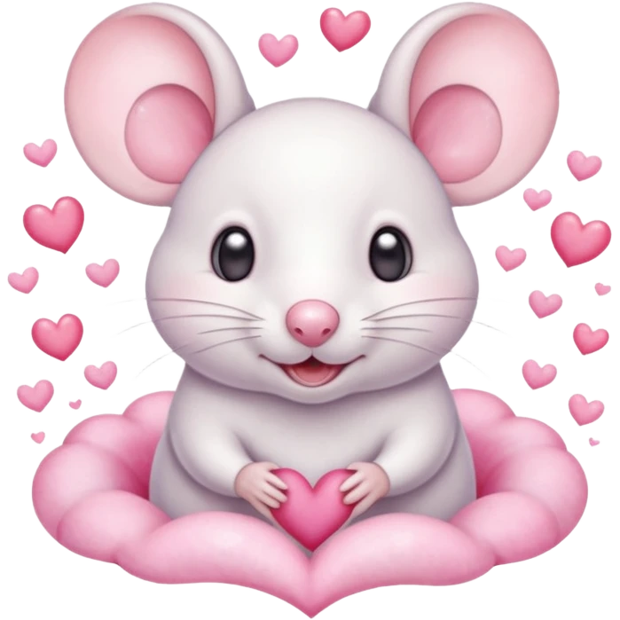 This is a cute watercolor illustration of a small, white cartoon mouse with large, round, pink-lined ears. The mouse has heart-shaped eyes, a small open mouth, and is surrounded by floating pink hearts, conveying a feeling of love, adoration, or strong affection. emoji