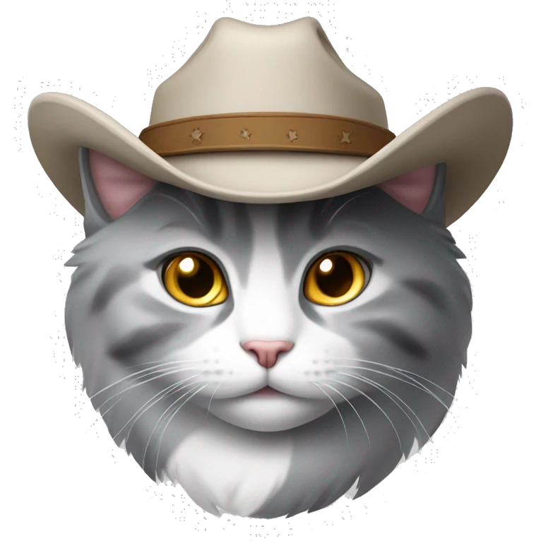 grey and white cat wearing a cowboy hat emoji
