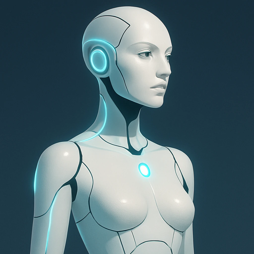 a woman AI robot, sleek and minimal, glowing accents emoji