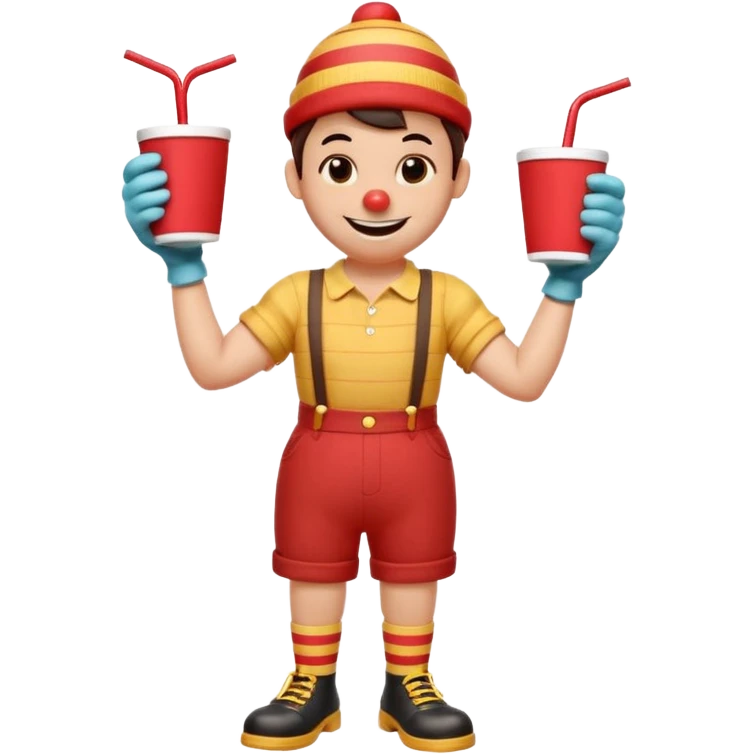 1930s rubber hose cartoon-style cup character with a big smile, black eyes, red nose, and striped straw on head. Wearing red shorts, yellow gloves, brown shoes, black shirt. Arms on hips, cheerful pose. Vintage Disney/Fleischer style, clean lines, limited colors, slight paper texture. 
 emoji
