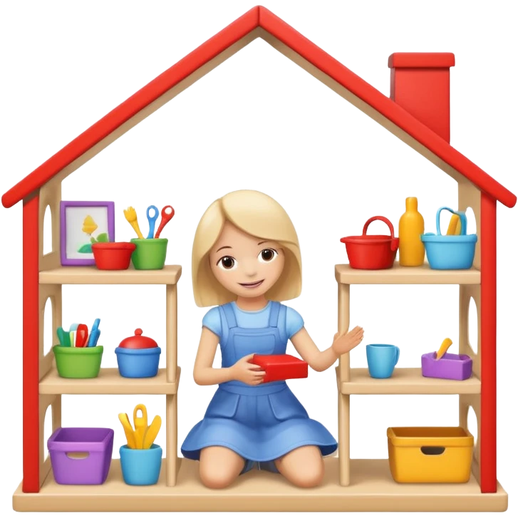 smiling girl arranging furniture in doll house emoji