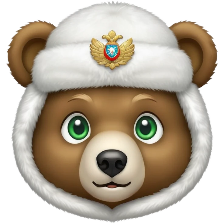 Adorable bear head with big green eyes and soft expression, wearing white fluffy ushanka with detailed Russian emblem in center, iOS emoji style emoji