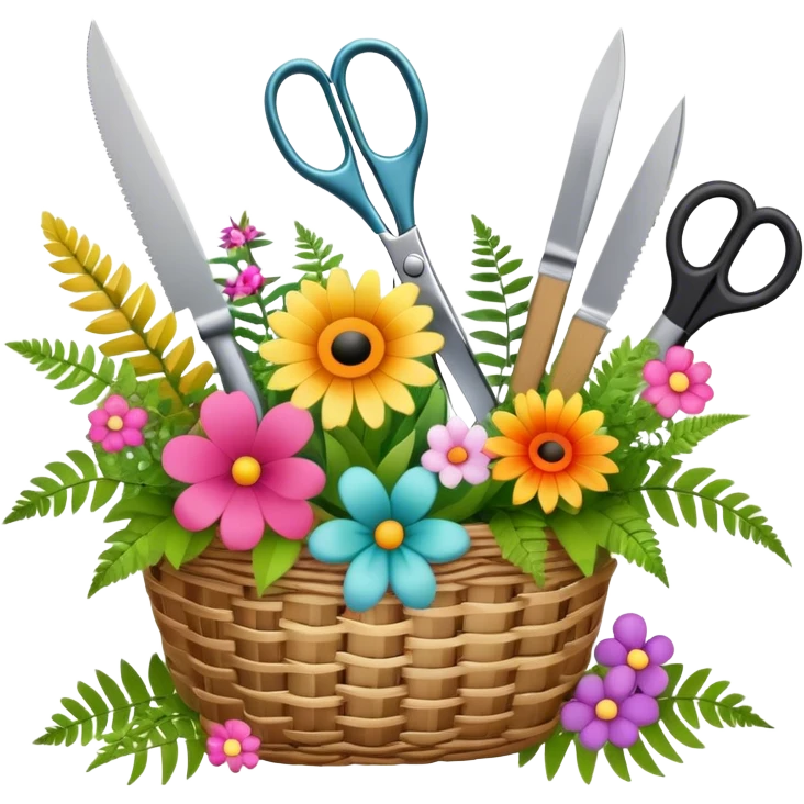 Icon for Floristry: a woven basket with flowers, reeds, ferns, bright ribbons and a small plush toy. Add big garden scissors and knife above. The icon should represent creativity in flower arrangement and decorative design. Transparent background. emoji