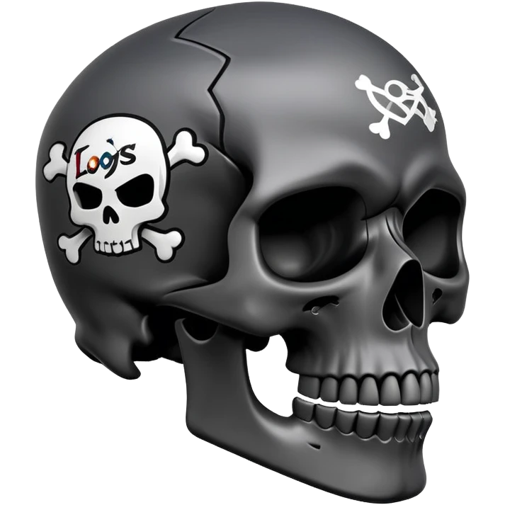 smooth black skull with graffiti brand logos, side view emoji