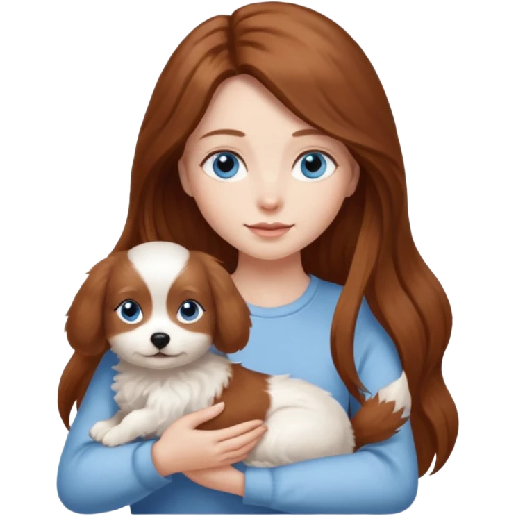 long hair chestnut color blue eyes woman holding small white dog emoji