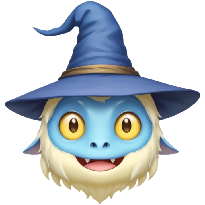 cute monster with white body, yellow tail, wearing blue sky witch hat. the face facing the front towards the 4th wall emoji