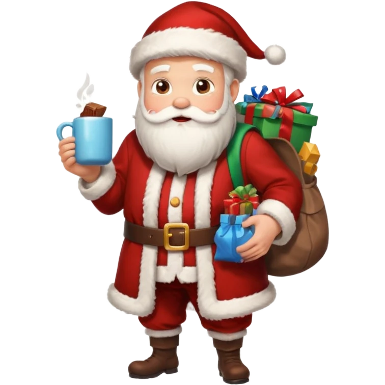 Санта клаус с мешком подарков за спиной и кружкой какао в руке emoji