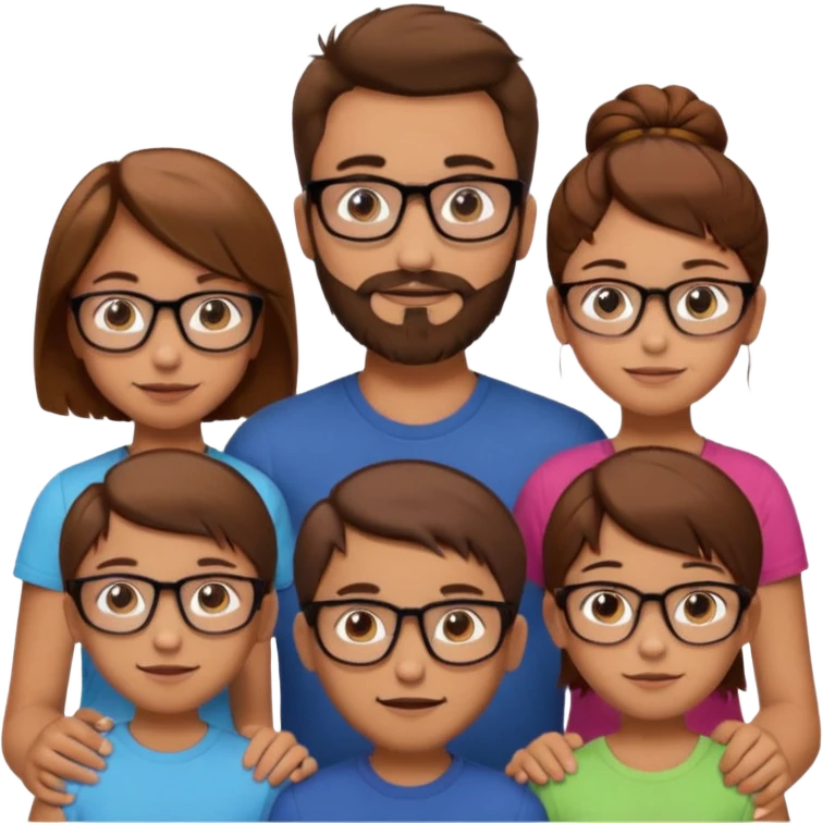 group portrait of white European family, man with brown hair and beard, woman with brown hair bun and glasses, 10-year-old boy with short brown hair, 8-year-old girl with long brown hair, 6-year-old boy with short red hair, emoji style emoji