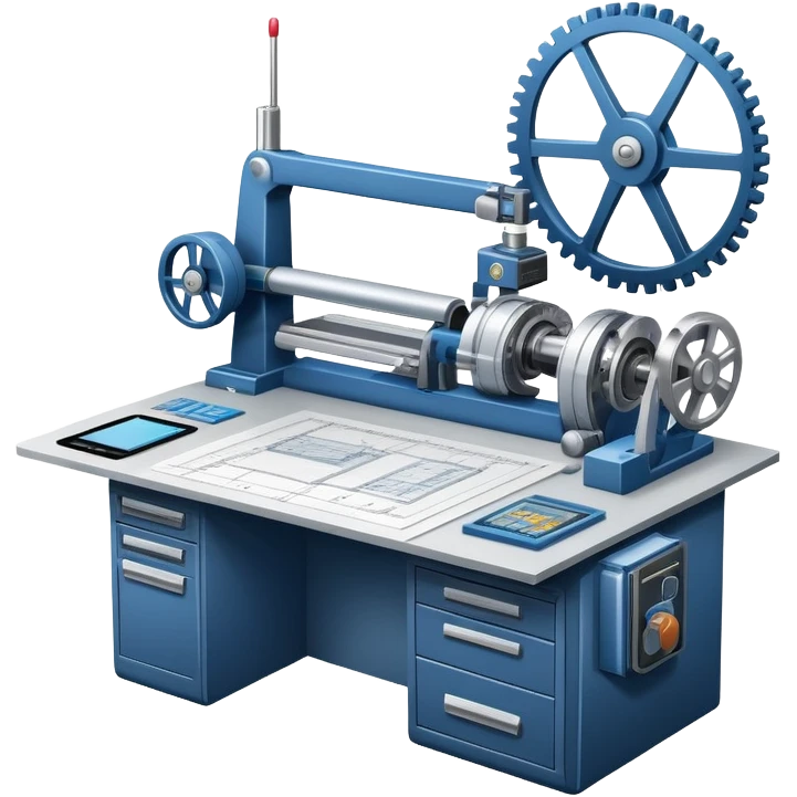 An icon featuring an engineer’s desk with blueprints, a ready machine, and microchips, symbolizing engineering. The design includes gears, tools, and a caliper, representing the design and construction of innovative technologies. Transparent background highlights the precision emoji