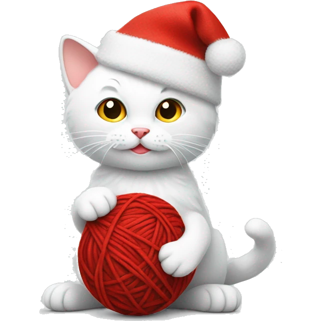 white cat wearing a christmas hat playing with a ball of red yarn emoji