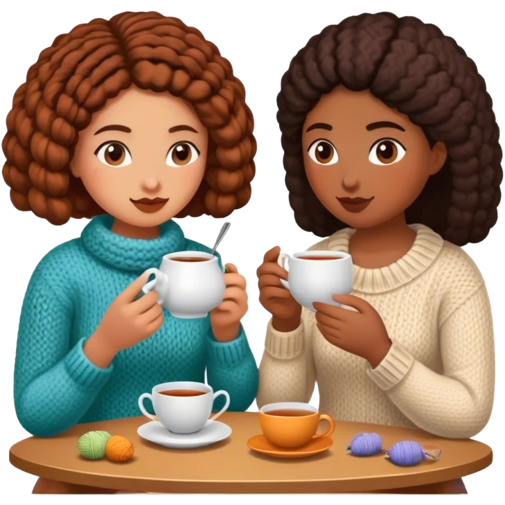 Two girls talking, drinking tea and knitting on their separate projects  emoji