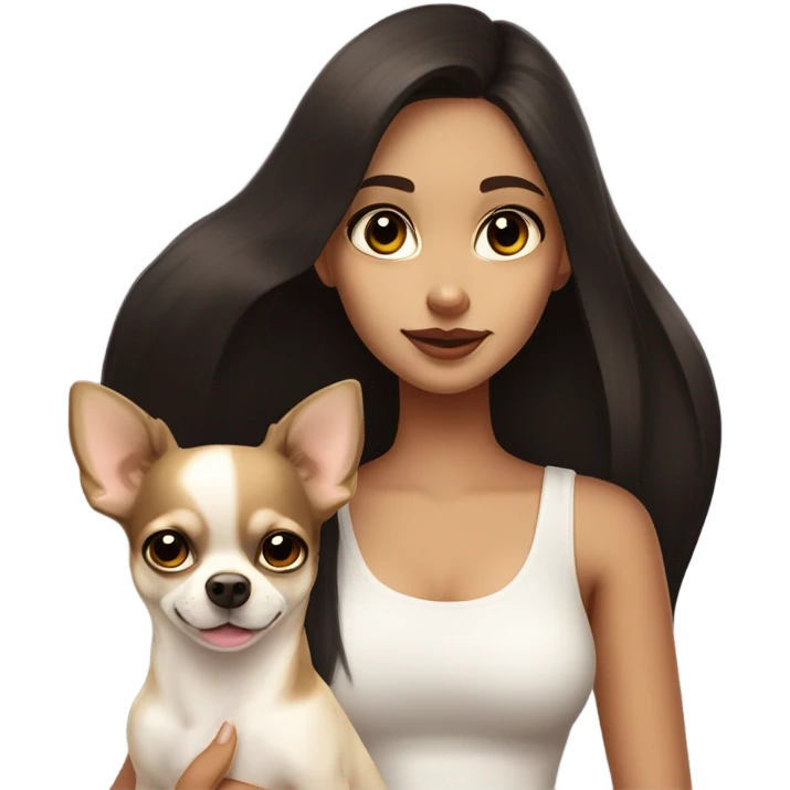 A girl with long very dark brown hair, big brown eyes, very big lips wearing a white singlet top, she is holding a small very light yellow chihuahua  emoji