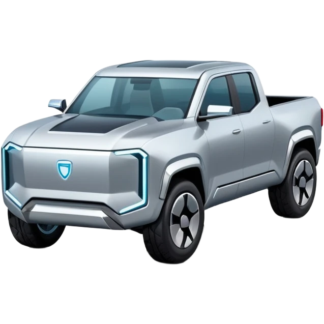 A futuristic electric pickup truck emoji, silver chrome body, angular cyber design, smooth metallic panels, subtle reflections, minimalistic proportions, iOS emoji style, centered composition, clean white background, soft lighting emoji