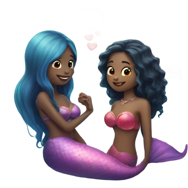 two mermaids in love and a heart emoji