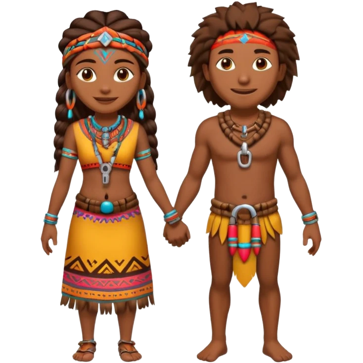 A happy tribal man holding hands with a happy tribal woman wearing a lock emoji