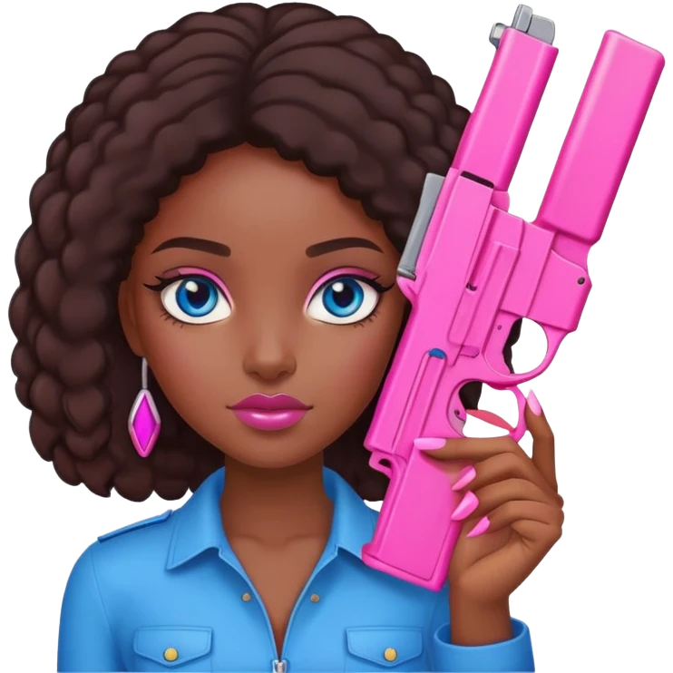 Black Girl hand pink nails holding pink gun with blue eyes emoji