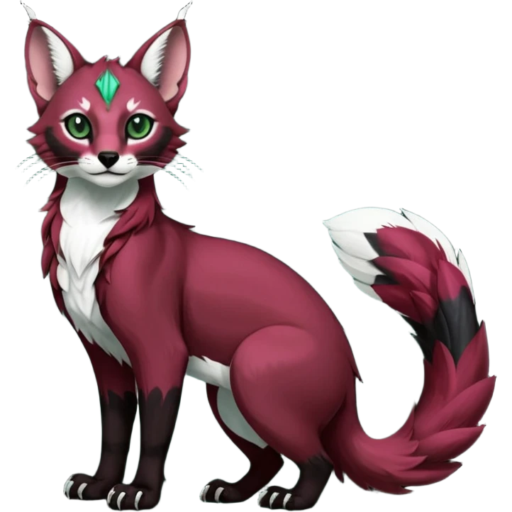 Colorful dark tropical tribal-marked dark burgundy wine-red obsidian-black jade-green white glorious iridescent divine exotic cute cool beautiful beautiful fantasy-caracal-civet-genet-sergal-vernid-Gryphon-Cacomistle-Trico-oncilla-animal-Fakémon-hybrid-fursona (full body) emoji
