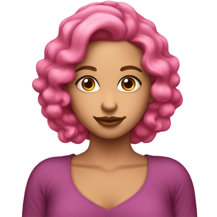 Una chica morenita, con ojos rosados, y pelo rizado largo rosado, ropa blanca emoji
