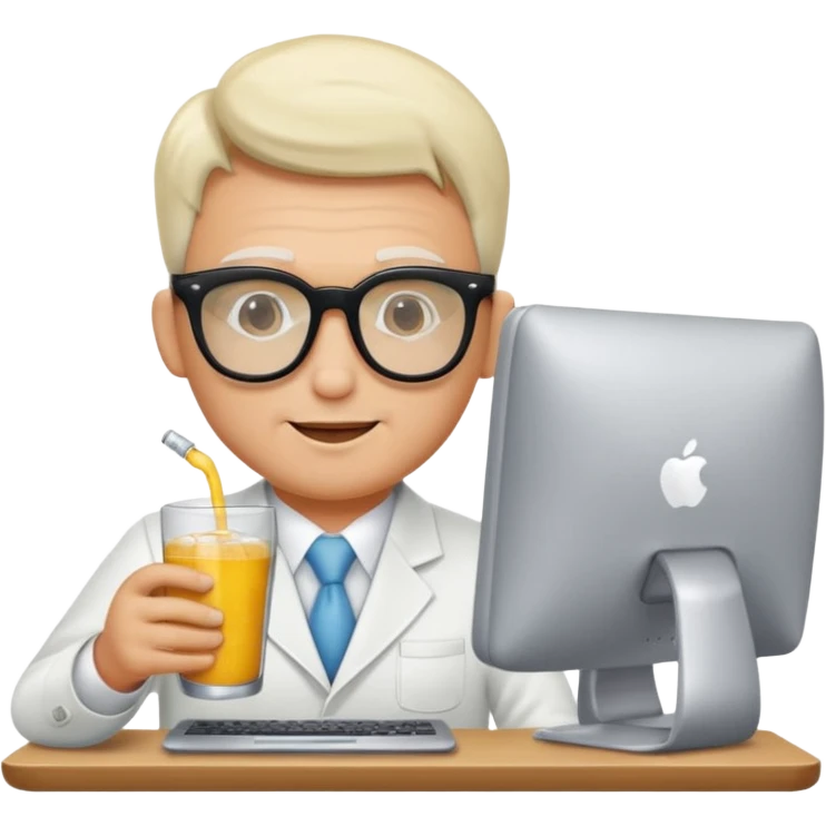 Hombre blanco con gafas tomando un refresco frente a un ordenador emoji
