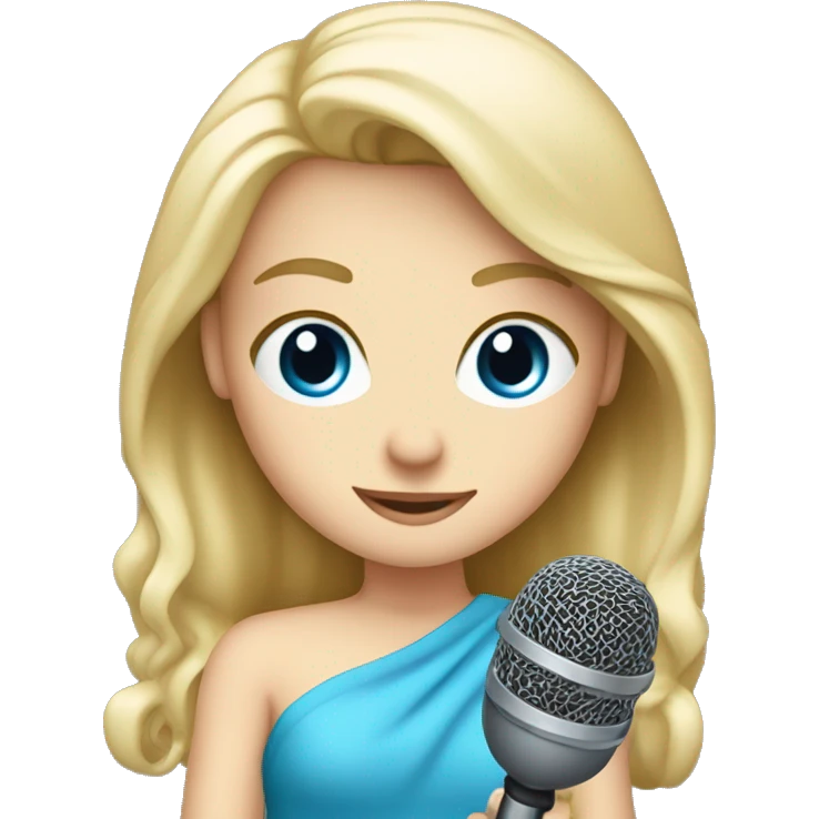 A blonde gir with blue eyes, white and holding a mcrophone emoji
