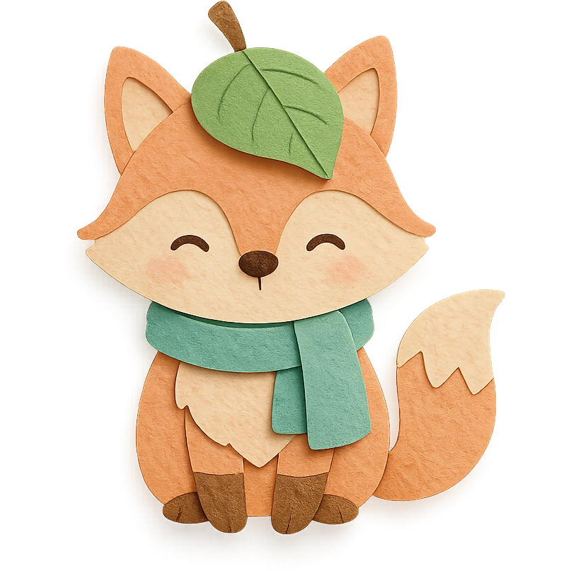 fox wearing a leaf hat and scarf, cute autumn soft style, soft pastel colors, paper-craft style emoji