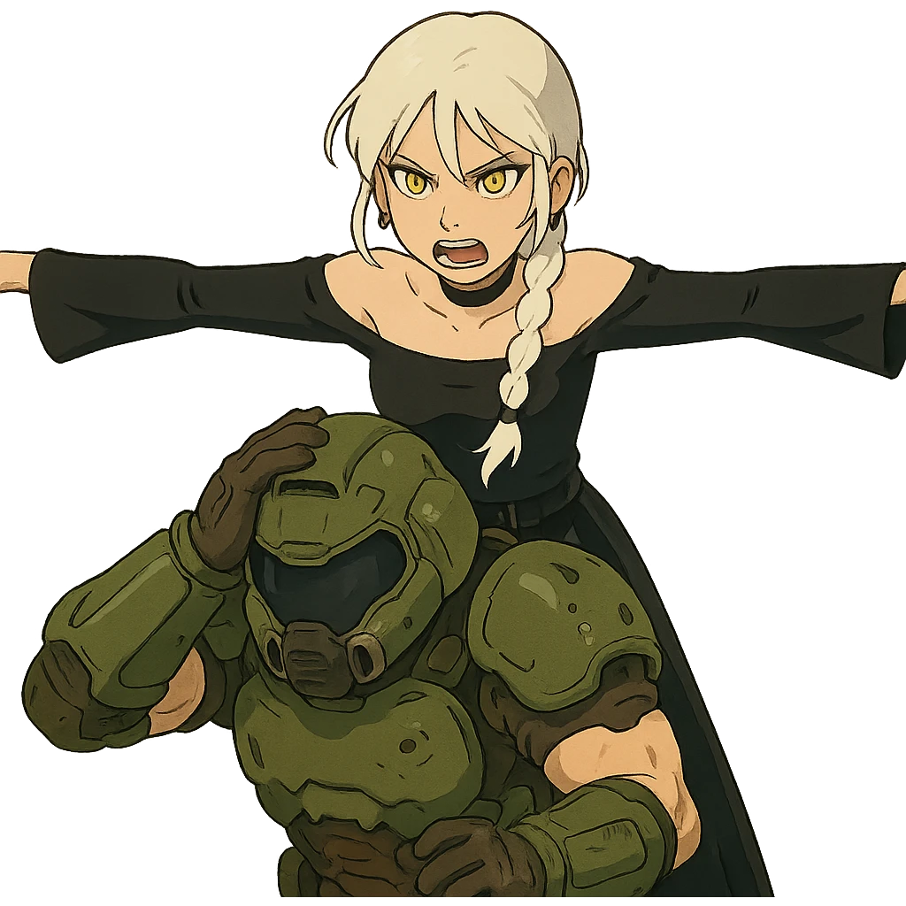  young woman with gold yellow eyes, white hair, long braid, black off-shoulder top, punk gothic style, futuristic cyberwave cyberpunk,, she is aggresively t-posing over a cowering doomguy emoji