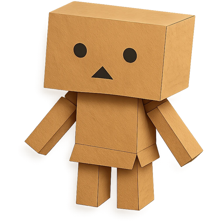 Danbo, the cardboard robot, in a softly lit room with wooden floor, cartoonish style, clean lines, pastel palette, cozy and nostalgic mood emoji