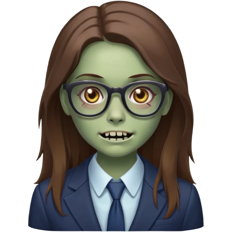 zombie girl with glasses, long brown hair, wearing a suit, slightly smiling emoji