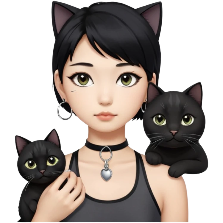 Asian girl, black hair with grey highlights , slightly longer than shoulder.  Holding two BLACK cats. one cat has a round fat face, the other one has a slightly slimmer face. Both pure black.  The girl also wearing a black singlet, a black chocker, silver round hook earring, and wearing eyeliner.  emoji