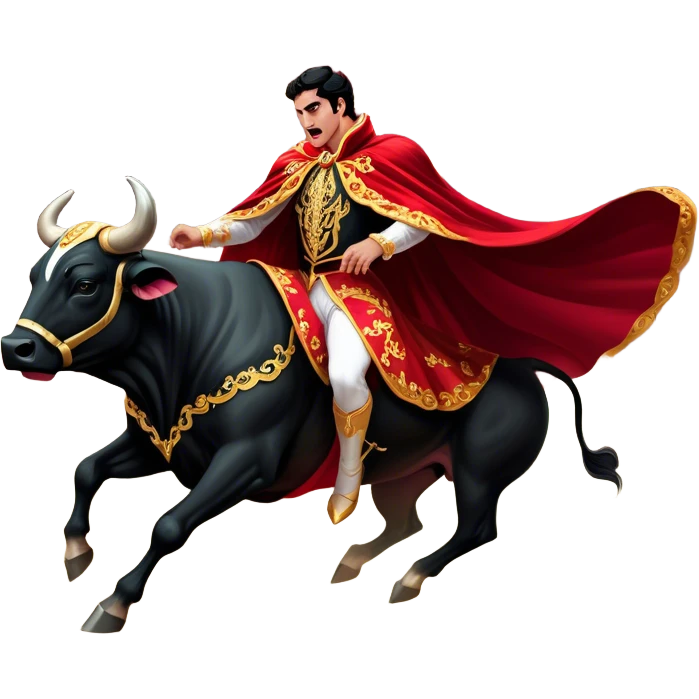 ​Cinematic Realistic Spanish Matador in Action, depicted in an ornate traje de luces with a flowing red cape, captured in the dramatic moment of confronting a charging bull in a traditional bullring, rendered with dynamic motion and dramatic lighting that encapsulates the intensity and artistry of the spectacle, emoji