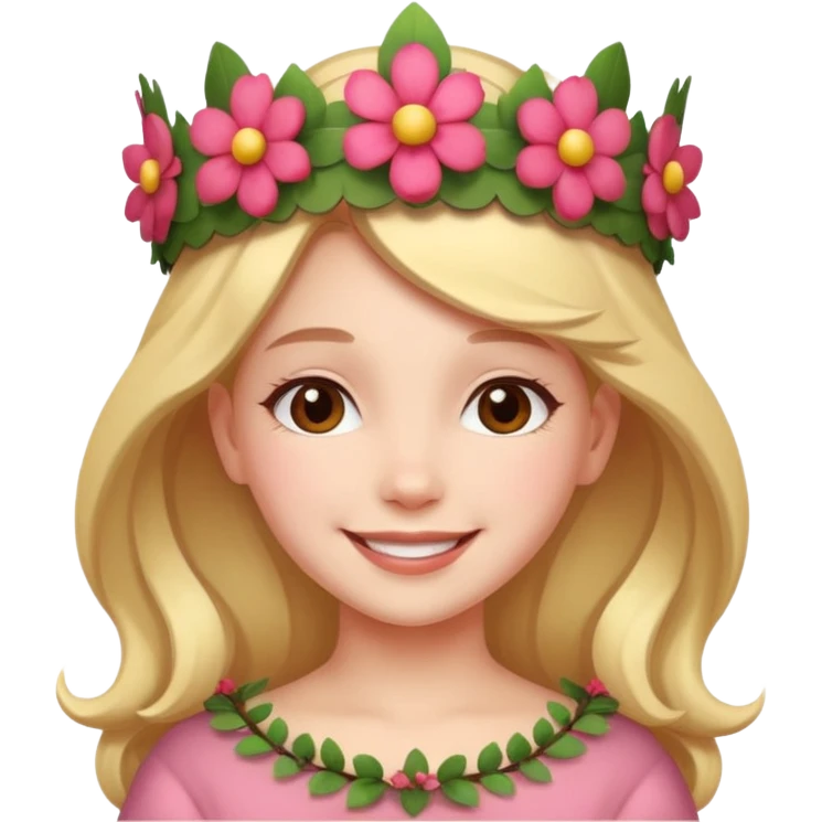 A girl with a flower-shaped crown smiling gently. emoji