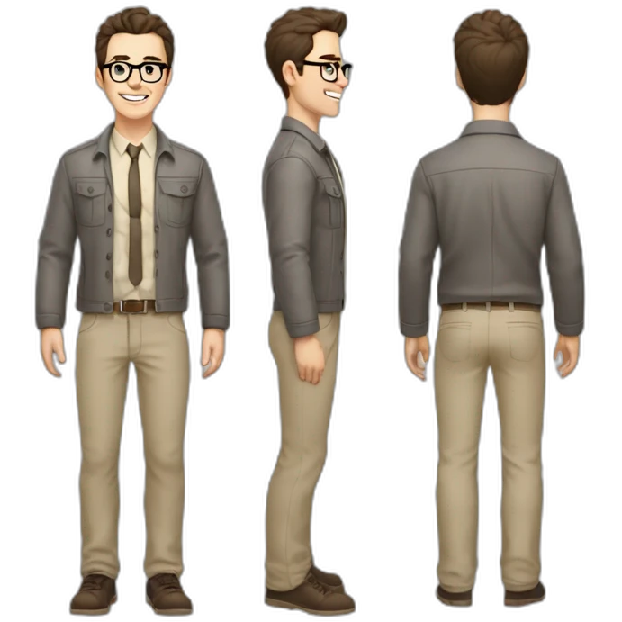 Joyful Full height Pale skinned Fit Man With dark brown hair in gray jacket, beige office shirt, Brown pants and vintage glasses. His thrumbs up emoji