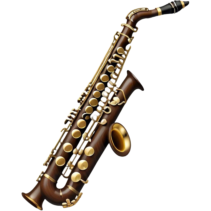 Create a detailed and unique emoji representing a clarinet with a saxophone-style mouthpiece. The design should feature the sleek, dark wood finish of the clarinet, with its shiny metal keys clearly visible, but at the top, include the large, curved mouthpiece typical of a saxophone. The mouthpiece should have a reed, similar to the one used in a saxophone, with subtle details to indicate its function. Use dark wood tones for the body of the instrument and silver or brass accents for the keys. Add small musical notes or soundwaves around the instrument to evoke its smooth, melodic sound. The background should be transparent emoji
