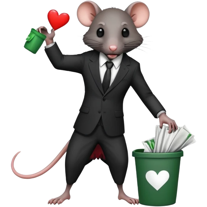 black humanoid rat in a suit throwing a heart in the trash emoji