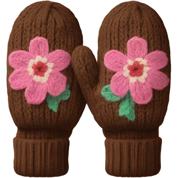 A pair of cozy knitted brown mittens with a pink floral design emoji