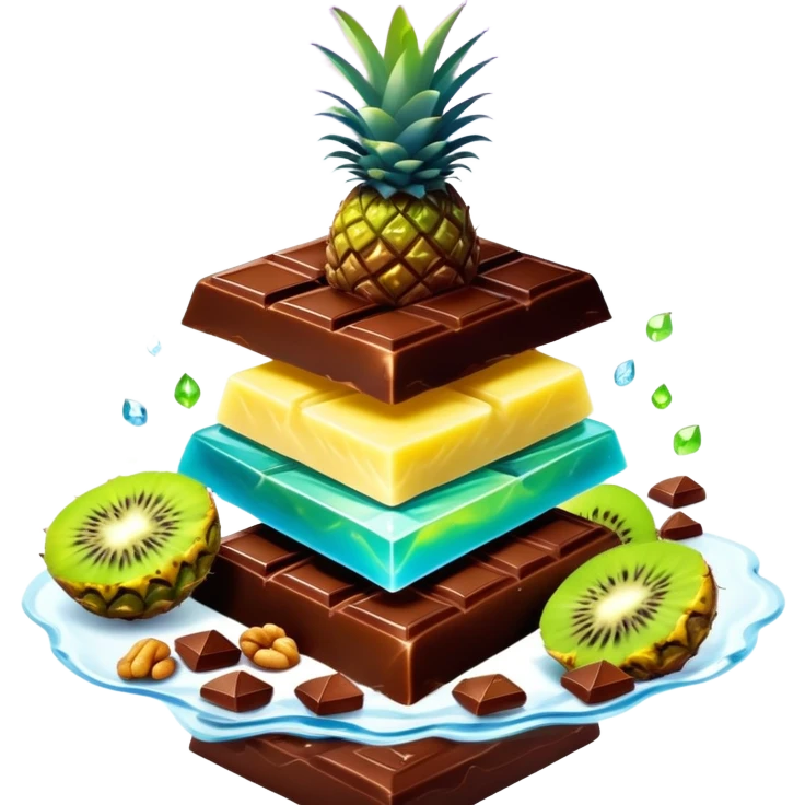 Ethereal evening snack with magical dark chocolate squares, enchanted mixed nuts, celestial kiwi slice and glowing pineapple chunks, all floating with sparkly aura emoji