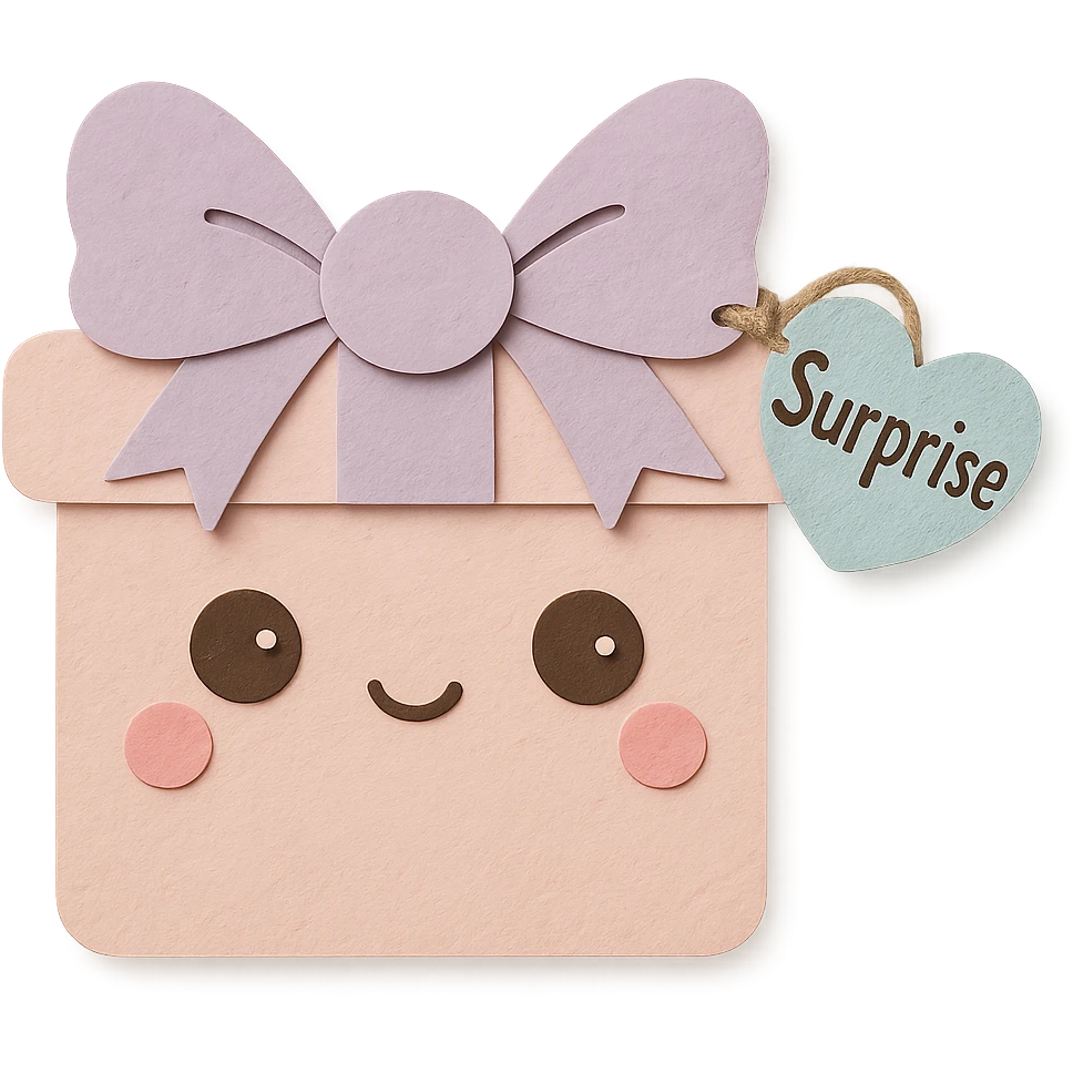 Recreate the blue heart-tagged pink gift in a paper craft style, with the name 'Surprise' on the tag, no background. emoji
